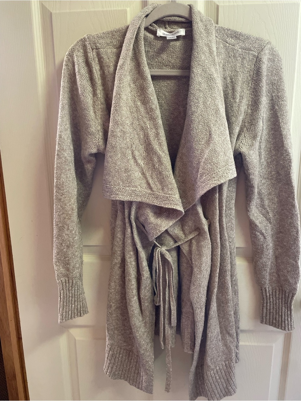 Motherhood Light Heather Gray Draped Open-Front Tie Cardigan